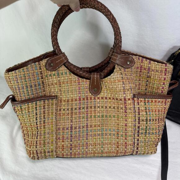 Fossil Hand Bag Lot 2 Bags And 3 Wallets Black Brown Leather Woven READ As Is - Picture 2 of 14